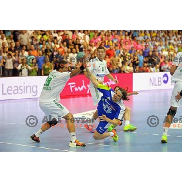 Dean Bombac of Slovenia in action at qualification match for Qatar 2015 World Handball Championships between Slovenia and Hungary, played in Red Hall, Velenje on June 15, 2014