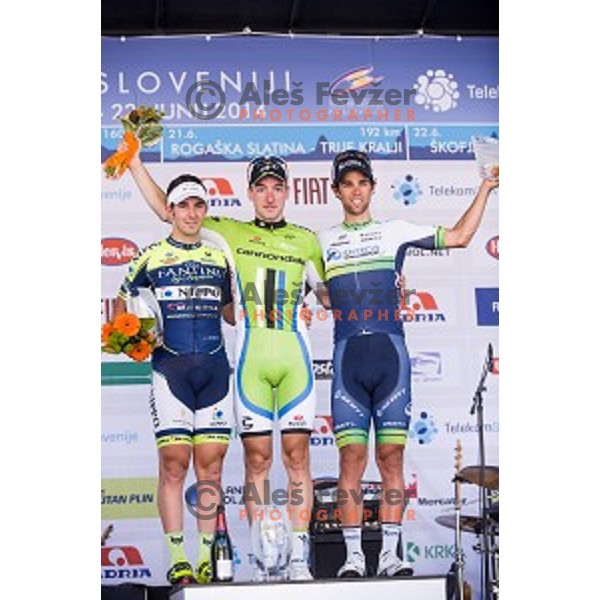 Eduard Grosu, Elia Viviani, Michael Matthews at finish of stage 4 of Tour de Slovenie, Novo Mesto, Slovenia, 22.06.2014