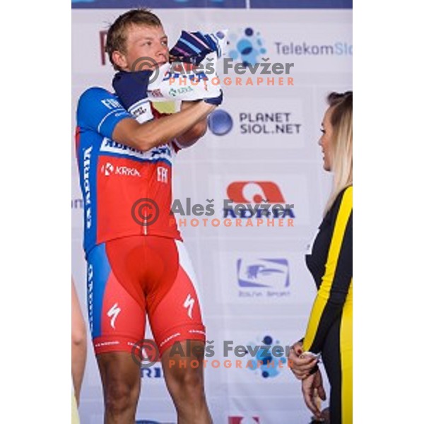 Klemen Stimulak at finish of stage 4 of Tour de Slovenie, Novo Mesto, Slovenia, 22.06.2014