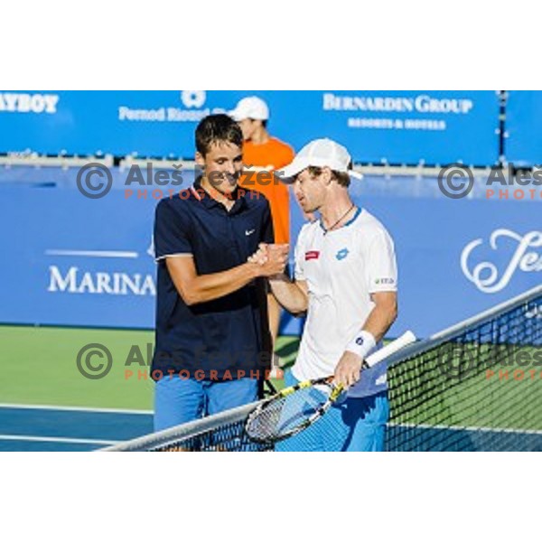 Aljaz Jakob Kaplja (L) and Blaz Kavcic (R) of Slovenia after game in first round of Tilia Slovenia Open-ATP Challenger Tour, played in SRC Marina, Portoroz, Slovenia, on July 8, 2014