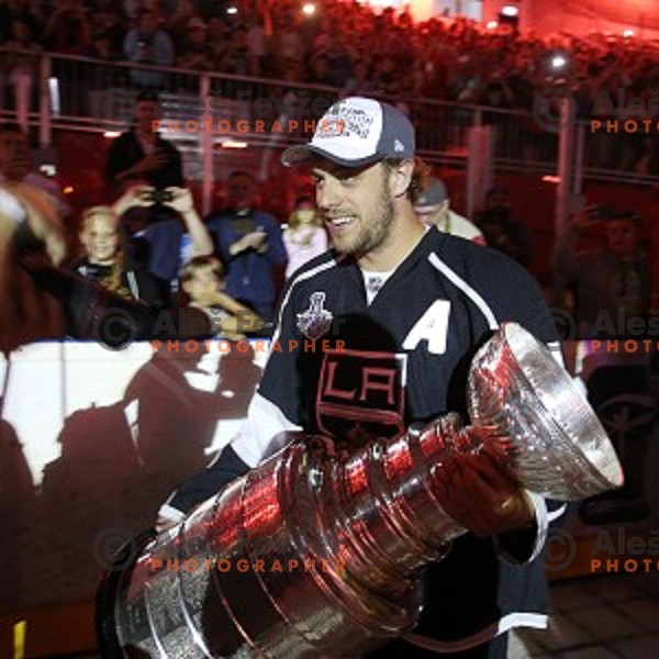 NHL star Anze Kopitar of LA Kings at presentation of Stanley Cup to slovenian fans in Podmezakla Hall, Jesenice on July 13, 2014