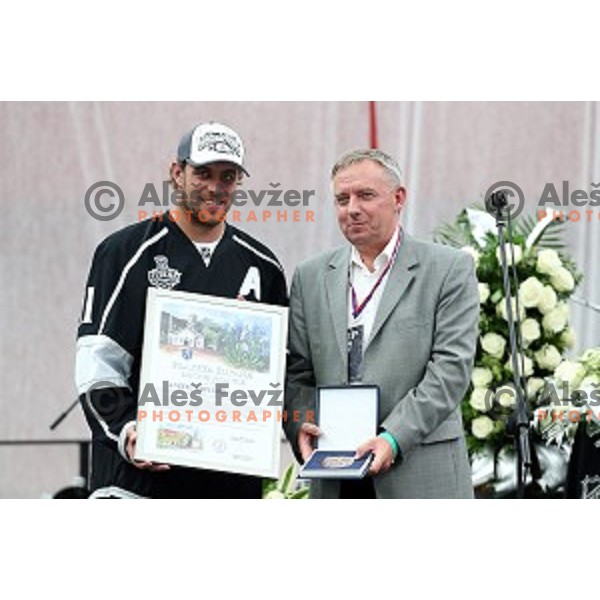 NHL star Anze Kopitar of LA Kings at presentation of Stanley Cup to slovenian fans in Podmezakla Hall, Jesenice on July 13, 2014
