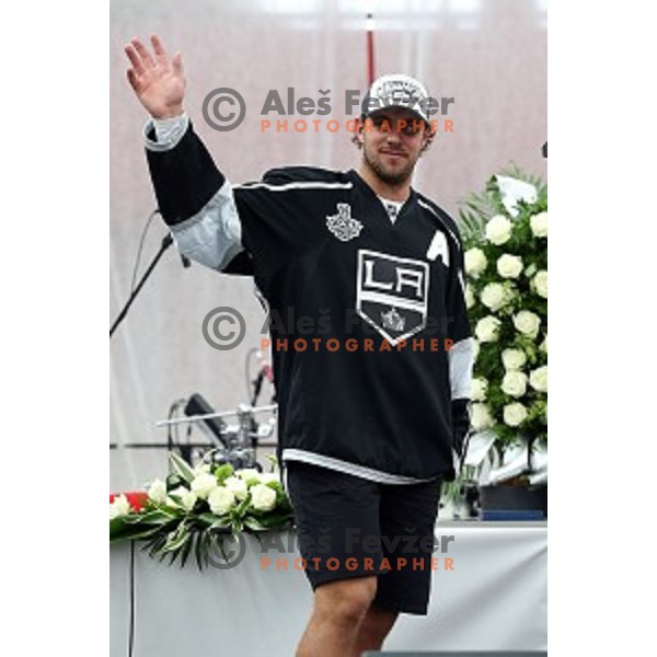 NHL star Anze Kopitar of LA Kings at presentation of Stanley Cup to slovenian fans in Podmezakla Hall, Jesenice on July 13, 2014