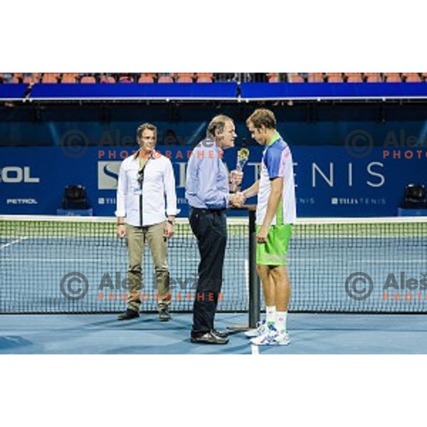 Mark Umberger, president of TZS (L) and Gilles Muller of Luxembourg (R) in action during final match of Tilia Slovenia Open-ATP Challenger Tour, played in SRC Marina, Portoroz, Slovenia, on July 13, 2014
