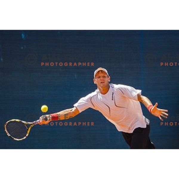 Viktor Galovic of Croatia in action during first qualifying match of 25. Vegeta Croatia Open Umag-ATP World Tour, played in ATP Stadion Umag, Umag, Croatia, on July 19, 2014