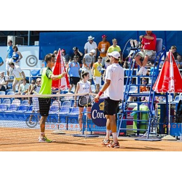 Aljaz Bedene of Slovenia (L) and Viktor Galovic of Croatia (R) after first qualifying match of 25. Vegeta Croatia Open Umag-ATP World Tour, played in ATP Stadion Umag, Umag, Croatia, on July 19, 2014