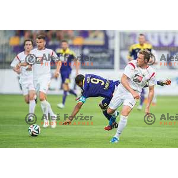 Marcos Tavares, Ivan Knezovic in action during football match NK Maribor - NK Rudar Velenje, round 1 of Prva liga Telekom Slovenije 2014-2015, Ljudski Vrt, Maribor, 19.7.2014