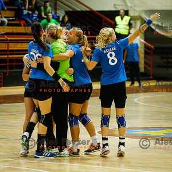Team of Krim celebrate during handball match between RK Krim and RK Zagorje, played in Ilirska Bistrica, Slovenia on September 6, 2014