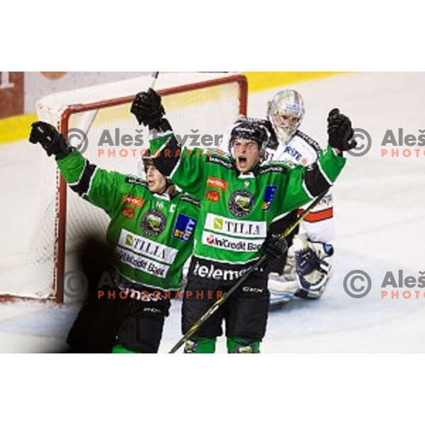 Ales Music, Hunter Bishop in action during ice hockey match Olimpija - Znojmo, EBEL League, Tivoli , Ljubljana, 19.09.2014