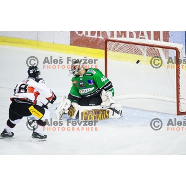 Andy Chiodo in action during ice hockey match Olimpija - Znojmo, EBEL League, Tivoli , Ljubljana, 19.09.2014