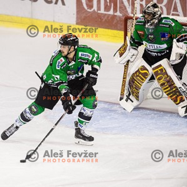 Ivan Sijan, Andy Chiodo in action during ice hockey match Olimpija - Znojmo, EBEL League, Tivoli , Ljubljana, 19.09.2014