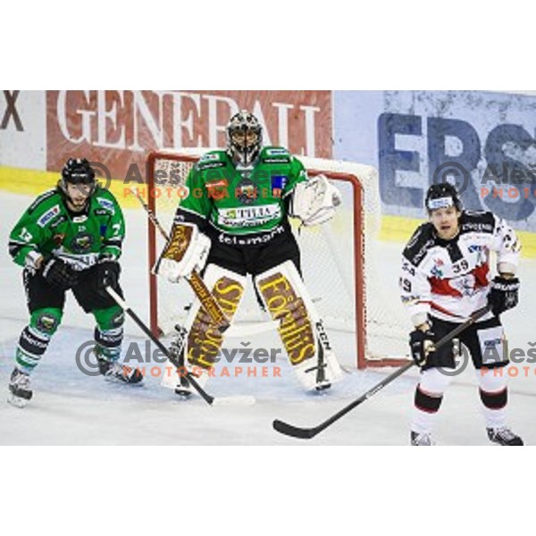 David Planko, Andy Chiodo in action during ice hockey match Olimpija - Znojmo, EBEL League, Tivoli , Ljubljana, 19.09.2014