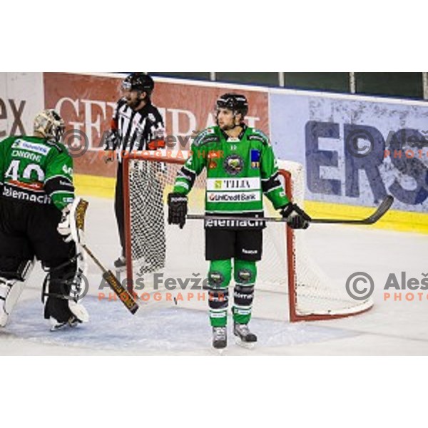 Andy Chiodo, Kyle Medvec in action during ice hockey match Olimpija - Znojmo, EBEL League, Tivoli , Ljubljana, 19.09.2014