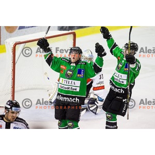 Hunter Bishop, Ales Music in action during ice hockey match Olimpija - Znojmo, EBEL League, Tivoli , Ljubljana, 19.09.2014