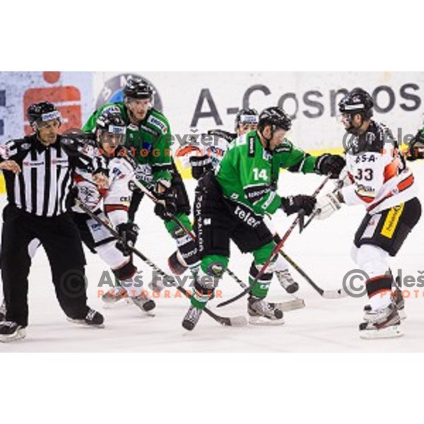 Bostjan Groznik, Matej Hocevar in action during ice hockey match Olimpija - Znojmo, EBEL League, Tivoli , Ljubljana, 19.09.2014