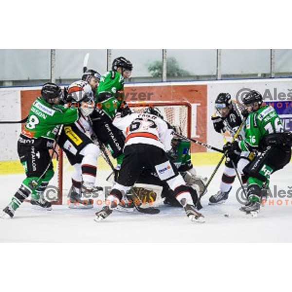 Marvin Degon, Bostjan Groznik, Andy Chiodo, Ales Music in action during ice hockey match Olimpija - Znojmo, EBEL League, Tivoli , Ljubljana, 19.09.2014