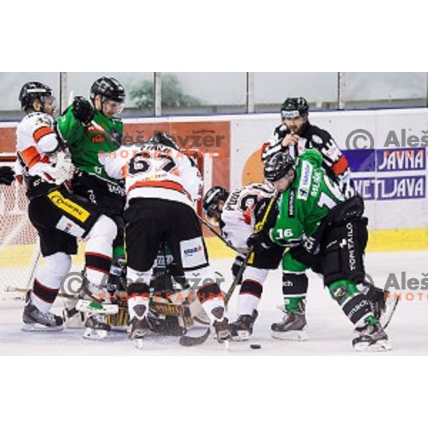 Bostjan Groznik, Ales Music in action during ice hockey match Olimpija - Znojmo, EBEL League, Tivoli , Ljubljana, 19.09.2014