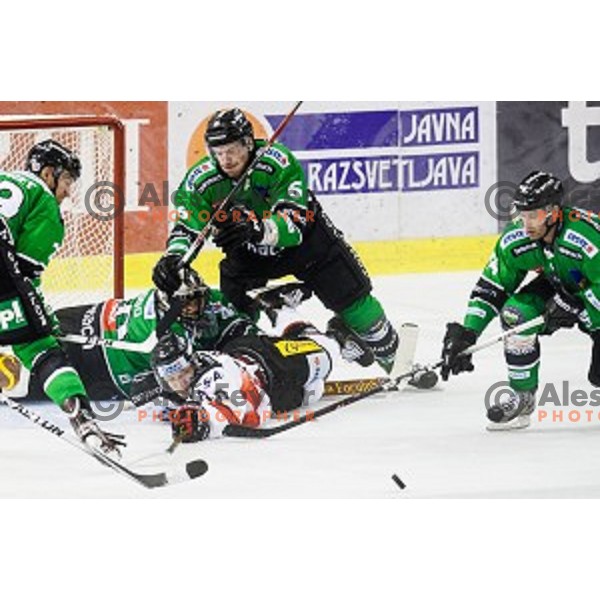 Anze Ropret, Andy Chiodo, Bostjan Groznik, Matej Hocevar in action during ice hockey match Olimpija - Znojmo, EBEL League, Tivoli , Ljubljana, 19.09.2014