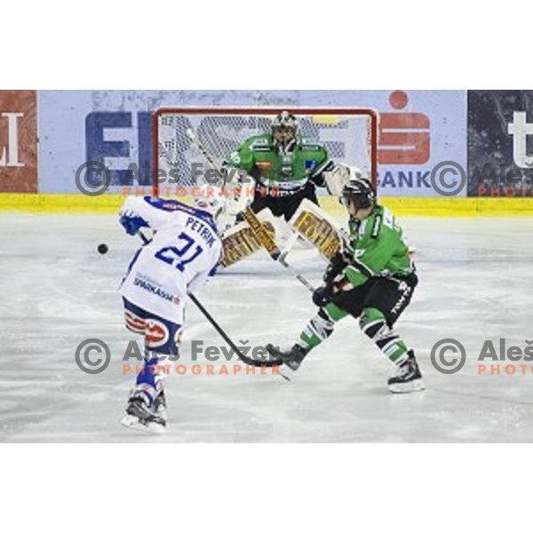 Andy Chiodo and Miha Logar in action during ice hockey match of 5th round of EBEL League in Season 2014/15 between HDD Telemach Olimpija and EC VSV, played in Tivoli Hall, Ljubljana, Slovenia, on September 26, 2014