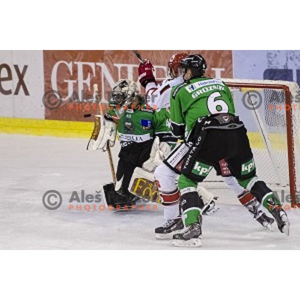 Andy Chiodo and Bostjan Groznik in action during ice hockey match of 6th round of EBEL League in Season 2014/15 between HDD Telemach Olimpija and HC TWK Innsbruck, played in Tivoli Hall, Ljubljana, Slovenia, on September 28, 2014