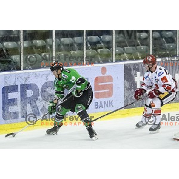 Anze Ropret in action during ice hockey match of 6th round of EBEL League in Season 2014/15 between HDD Telemach Olimpija and HC TWK Innsbruck, played in Tivoli Hall, Ljubljana, Slovenia, on September 28, 2014