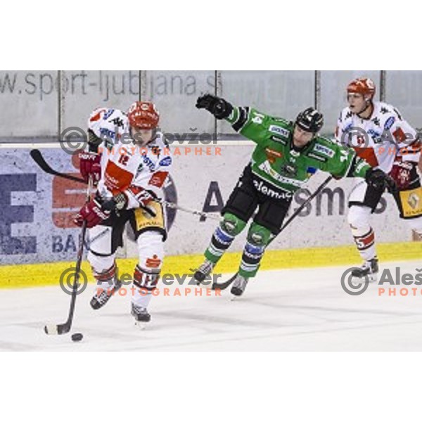 Matej Hocevar in action during ice hockey match of 6th round of EBEL League in Season 2014/15 between HDD Telemach Olimpija and HC TWK Innsbruck, played in Tivoli Hall, Ljubljana, Slovenia, on September 28, 2014