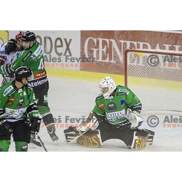 Marvin Degon, Igor Cvetek and Ales Sila in action during ice hockey match of 6th round of EBEL League in Season 2014/15 between HDD Telemach Olimpija and HC TWK Innsbruck, played in Tivoli Hall, Ljubljana, Slovenia, on September 28, 2014
