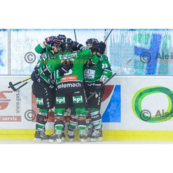 Team Olimpija in action during ice hockey match of 10th round of EBEL League in Season 2014/15 between HDD Telemach Olimpija and EC Red Bull Salzburg, played in Tivoli Hall, Ljubljana, Slovenia, on October 12, 2014