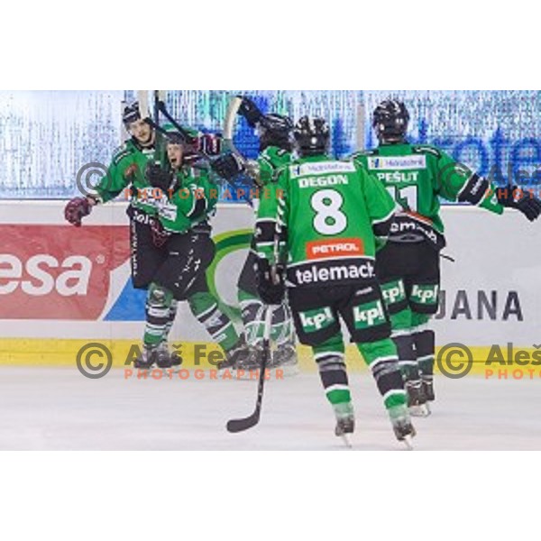 Team Olimpija during ice hockey match of 10th round of EBEL League in Season 2014/15 between HDD Telemach Olimpija and EC Red Bull Salzburg, played in Tivoli Hall, Ljubljana, Slovenia, on October 12, 2014