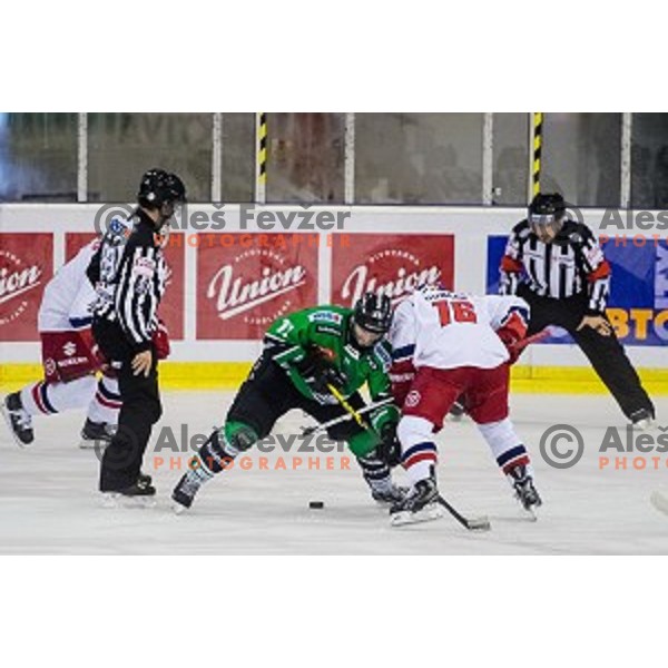 Ryan Duncan of Salzburg and Ziga Pesut of Olimpija in action during ice hockey match of 10th round of EBEL League in Season 2014/15 between HDD Telemach Olimpija and EC Red Bull Salzburg, played in Tivoli Hall, Ljubljana, Slovenia, on October 12, 2014