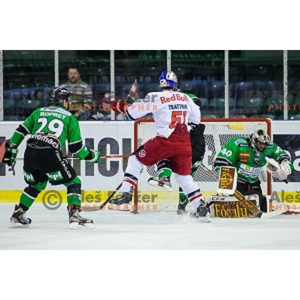 Anze Ropret, Andy Chiodo of Olimpija and Matthias Trattnig of Salzburg in action during ice hockey match of 10th round of EBEL League in Season 2014/15 between HDD Telemach Olimpija and EC Red Bull Salzburg, played in Tivoli Hall, Ljubljana, Slovenia, on October 12, 2014