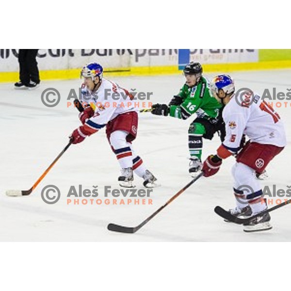 Konstantin Komarek, Manuel Latusa of Salzburg and Ales Music of Olimpija in action during ice hockey match of 10th round of EBEL League in Season 2014/15 between HDD Telemach Olimpija and EC Red Bull Salzburg, played in Tivoli Hall, Ljubljana, Slovenia, on October 12, 2014