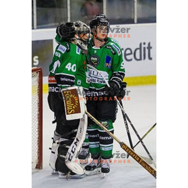 Andy Chiodo and Hunter Bishop of Olimpija after ice hockey match of 10th round of EBEL League in Season 2014/15 between HDD Telemach Olimpija and EC Red Bull Salzburg, played in Tivoli Hall, Ljubljana, Slovenia, on October 12, 2014