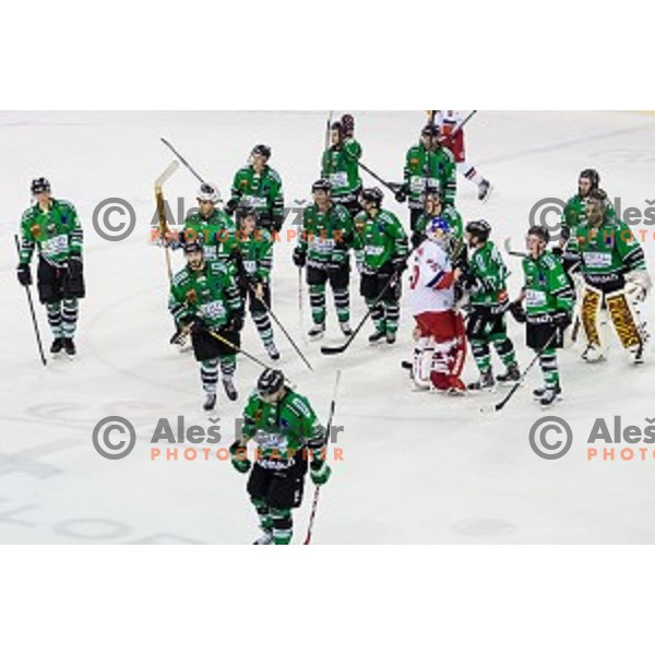 Team Olimpija afrer ice hockey match of 10th round of EBEL League in Season 2014/15 between HDD Telemach Olimpija and EC Red Bull Salzburg, played in Tivoli Hall, Ljubljana, Slovenia, on October 12, 2014