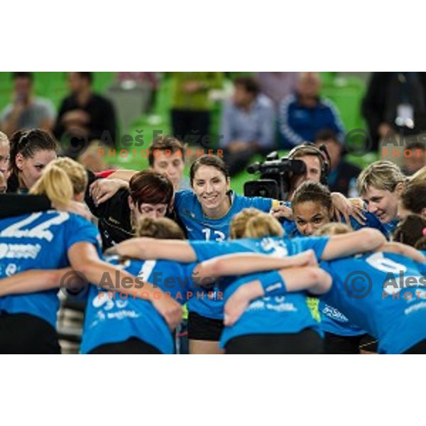 Sergeja Stefanisin, Mirjeta Bajramoska in action during handball match Krim Ljubljana - Hypo Niederosterreich, EHF Womens champions league, Stozice, Ljubljana, 17.10.2014