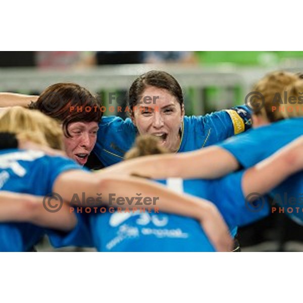 Sergeja Stefanisin, Mirjeta Bajramoska in action during handball match Krim Ljubljana - Hypo Niederosterreich, EHF Womens champions league, Stozice, Ljubljana, 17.10.2014