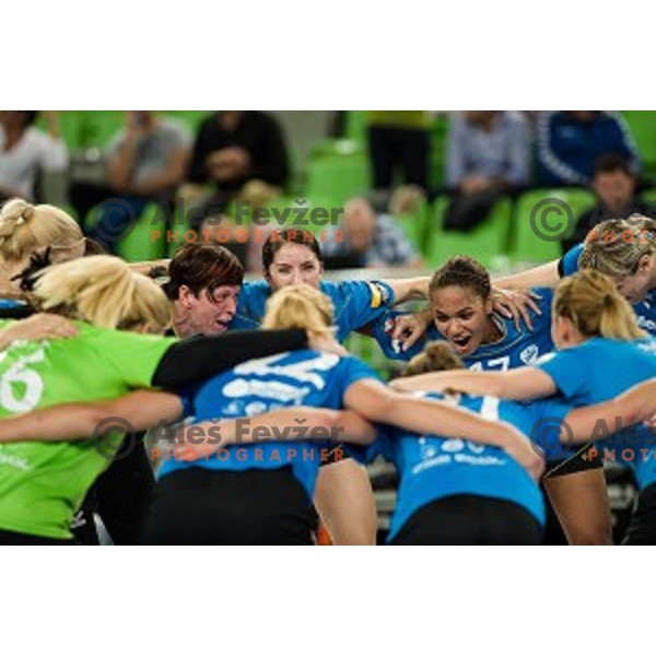 Sergeja Stefanisin, Mirjeta Bajramoska, Amelie Omoregie in action during handball match Krim Ljubljana - Hypo Niederosterreich, EHF Womens champions league, Stozice, Ljubljana, 17.10.2014