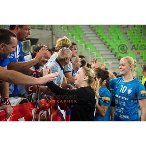 Tamara Mavsar, Lara Hrncic in action during handball match Krim Ljubljana - Hypo Niederosterreich, EHF Womens champions league, Stozice, Ljubljana, 17.10.2014