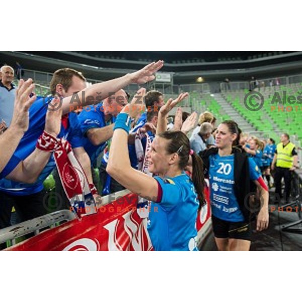 Maja Lukovic, Anja Koren in action during handball match Krim Ljubljana - Hypo Niederosterreich, EHF Womens champions league, Stozice, Ljubljana, 17.10.2014