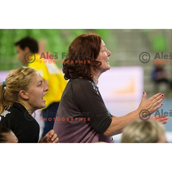 Sanja Gregorc, Marta Bon in action during handball match Krim Ljubljana - Hypo Niederosterreich, EHF Womens champions league, Stozice, Ljubljana, 17.10.2014