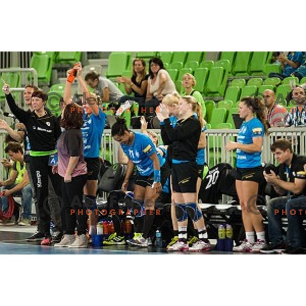 Sergeja Stefanisin, Sanja Gregorc in action during handball match Krim Ljubljana - Hypo Niederosterreich, EHF Womens champions league, Stozice, Ljubljana, 17.10.2014