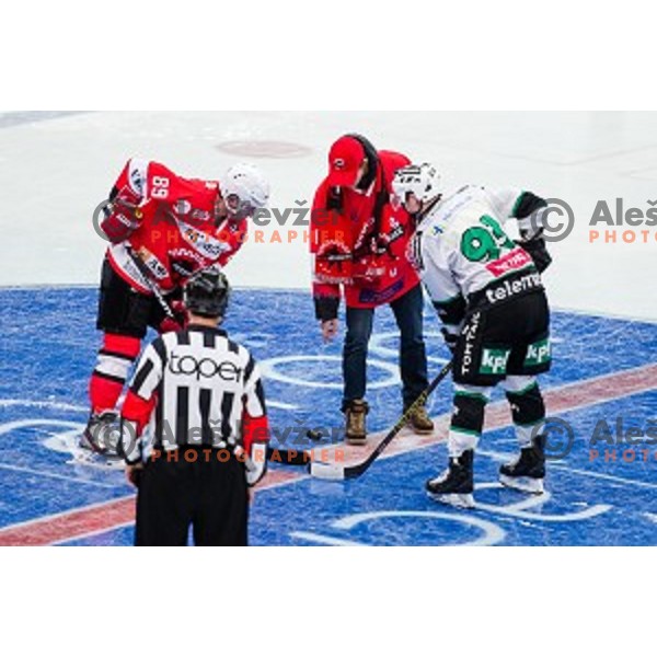 David Sefic of Jesenice and Peter Prevc during ice hockey match of Slovenian National League in Season 2014/15 between HDD SIJ Acroni Jesenice and HDD Telemach Olimpija, played in Podmezakla hall, Jesenice, Slovenia, on October 28th, 2014