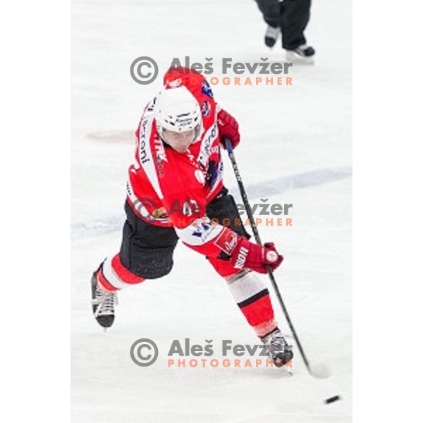 Matevz Erman of Jesenice in action during ice hockey match of Slovenian National League in Season 2014/15 between HDD SIJ Acroni Jesenice and HDD Telemach Olimpija, played in Podmezakla hall, Jesenice, Slovenia, on October 28th, 2014