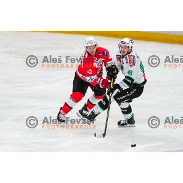 Matevz Erman of Jesenice in action during ice hockey match of Slovenian National League in Season 2014/15 between HDD SIJ Acroni Jesenice and HDD Telemach Olimpija, played in Podmezakla hall, Jesenice, Slovenia, on October 28th, 2014