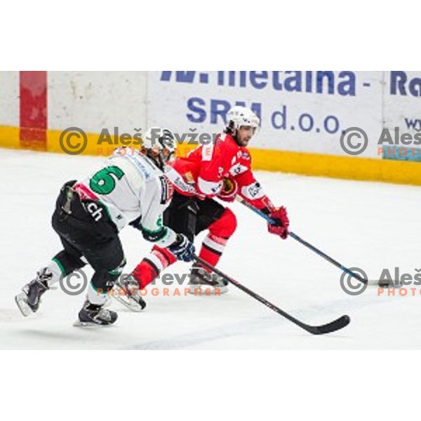 Matevz Erman of Jesenice in action during ice hockey match of Slovenian National League in Season 2014/15 between HDD SIJ Acroni Jesenice and HDD Telemach Olimpija, played in Podmezakla hall, Jesenice, Slovenia, on October 28th, 2014
