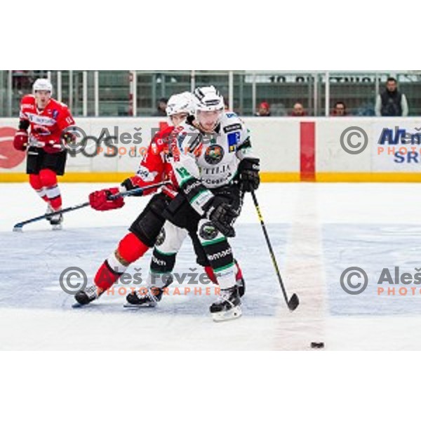 Rok Leber of Olimpija in action during ice hockey match of Slovenian National League in Season 2014/15 between HDD SIJ Acroni Jesenice and HDD Telemach Olimpija, played in Podmezakla Hall, Jesenice, Slovenia, on October 28, 2014