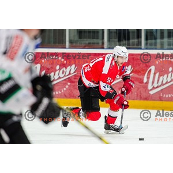 in action during ice hockey match of Slovenian National League in Season 2014/15 between HDD SIJ Acroni Jesenice and HDD Telemach Olimpija, played in Podmezakla Hall, Jesenice, Slovenia, on October 28, 2014