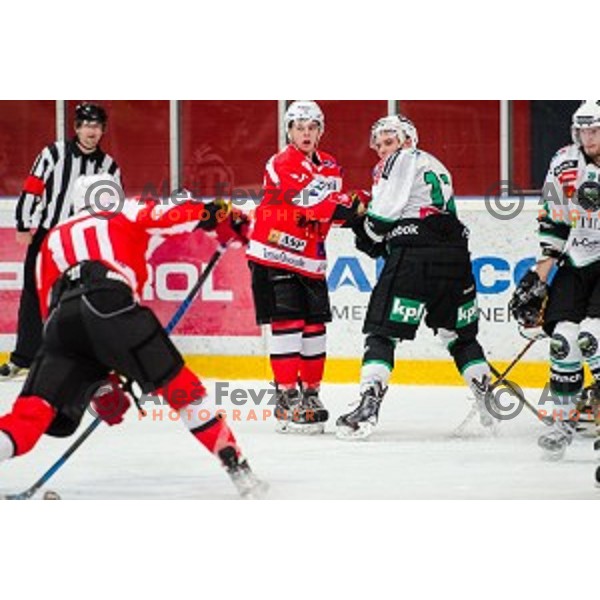 in action during ice hockey match of Slovenian National League in Season 2014/15 between HDD SIJ Acroni Jesenice and HDD Telemach Olimpija, played in Podmezakla Hall, Jesenice, Slovenia, on October 28, 2014
