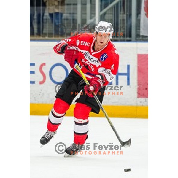 in action during ice hockey match of Slovenian National League in Season 2014/15 between HDD SIJ Acroni Jesenice and HDD Telemach Olimpija, played in Podmezakla Hall, Jesenice, Slovenia, on October 28, 2014