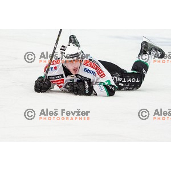 Luka Kalan of Olimpija in action during ice hockey match of Slovenian National League in Season 2014/15 between HDD SIJ Acroni Jesenice and HDD Telemach Olimpija, played in Podmezakla Hall, Jesenice, Slovenia, on October 28, 2014
